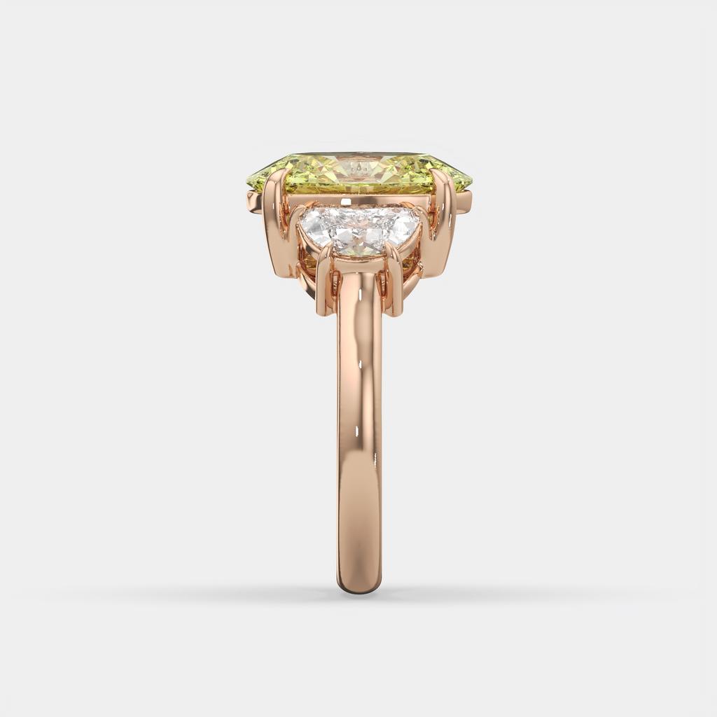 5.70 Ct Fancy Intense Yellow Oval Diamond Three Stone Ring With Half Moon Accents, in rose gold, side profile