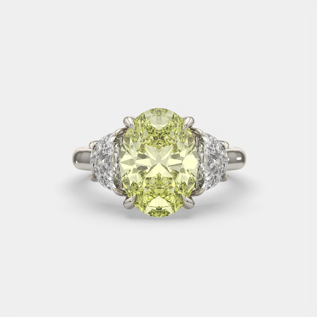 5.70 Ct Fancy Intense Yellow Oval Diamond Three Stone Ring With Half Moon Accents, in white gold, front view