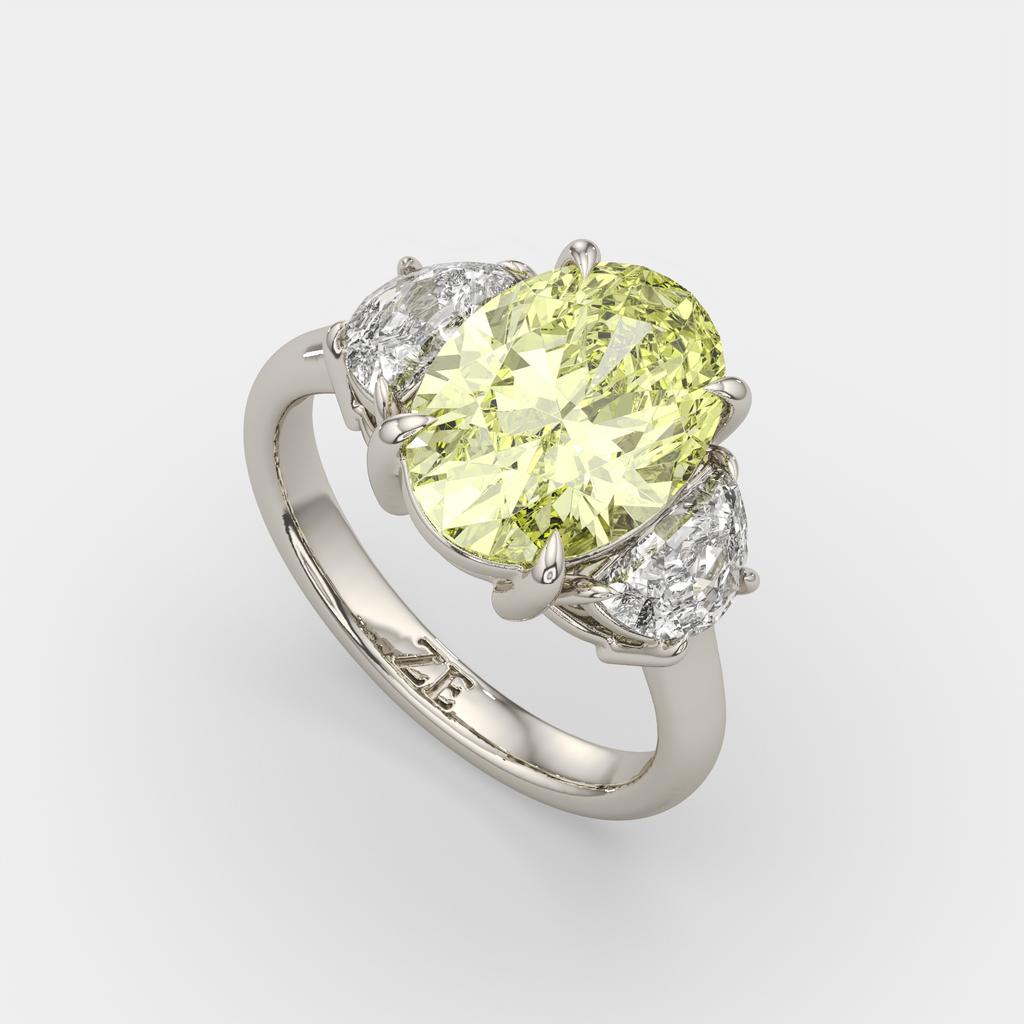 5.70 Ct Fancy Intense Yellow Oval Diamond Three Stone Ring With Half Moon Accents, in white gold, front view