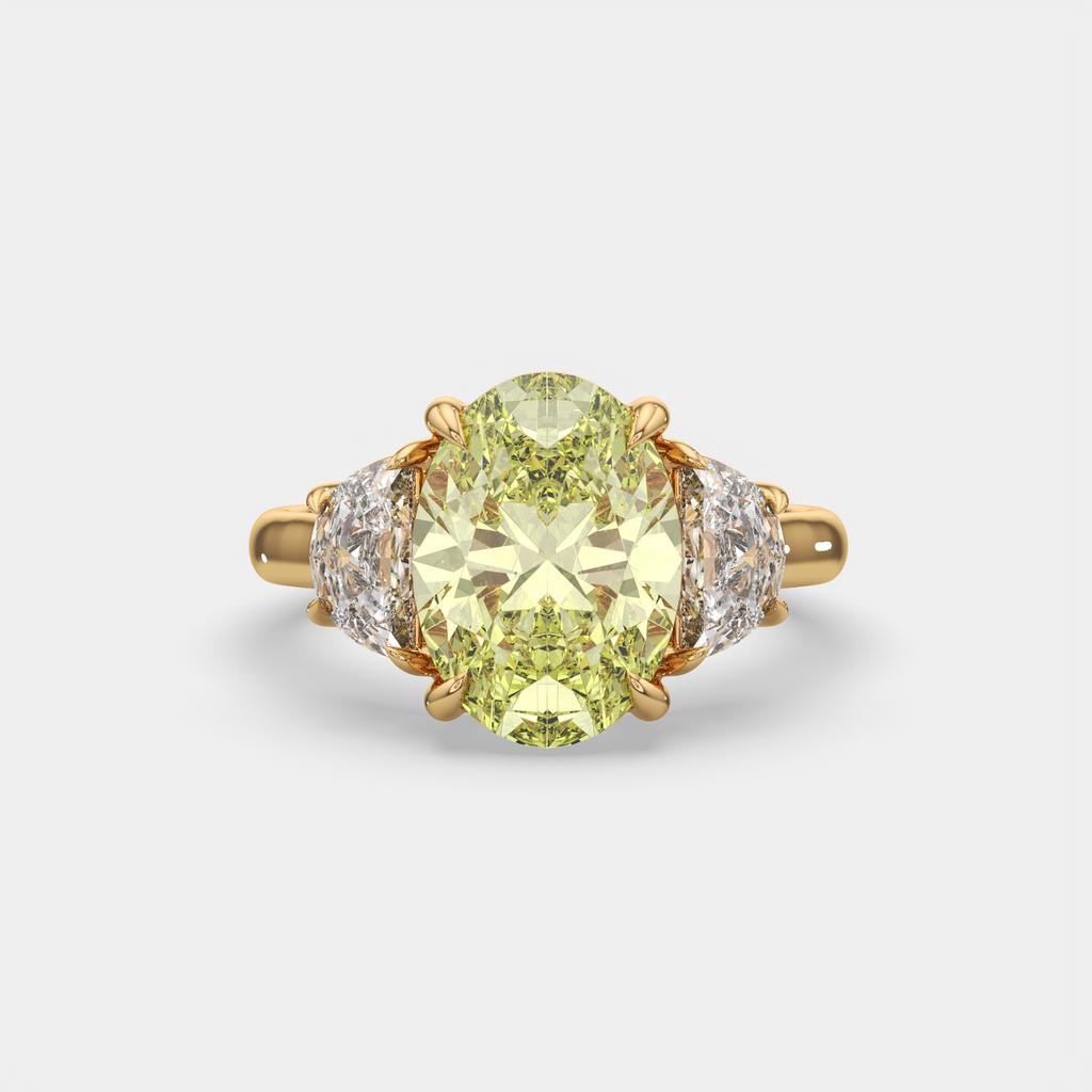5.70 Ct Fancy Intense Yellow Oval Diamond Three Stone Ring With Half Moon Accents, in yellow gold, front view