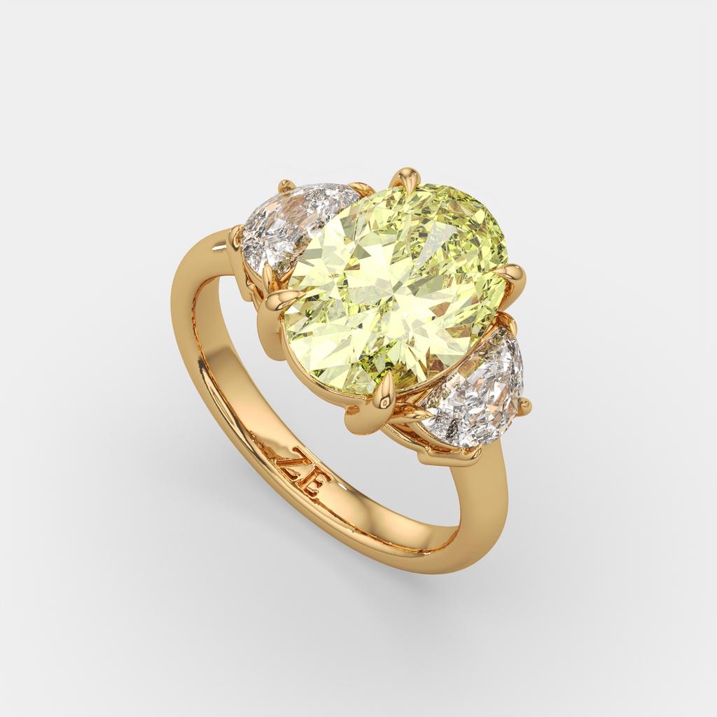 5.70 Ct Fancy Intense Yellow Oval Diamond Three Stone Ring With Half Moon Accents, in yellow gold, front view