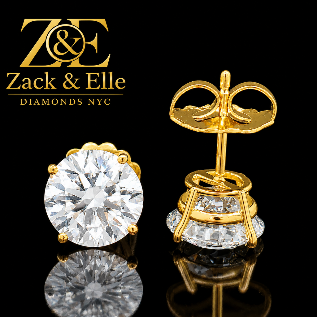 6.00 Ct D VS1 Round Lab Grown Diamond Basket Studs with Jumbo Backs, in yellow gold, front view
