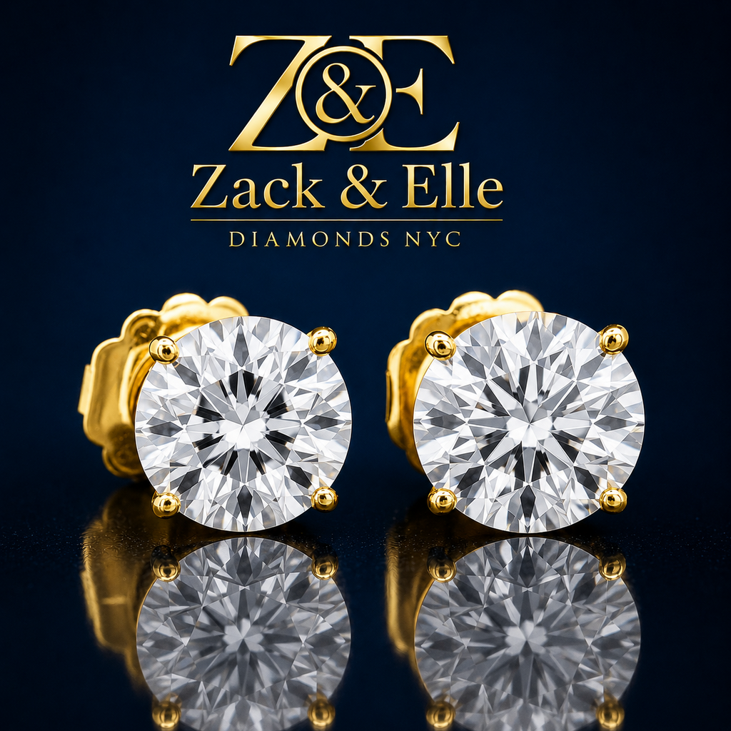 6.00 Ct D VS1 Round Lab Grown Diamond Basket Studs with Jumbo Backs, in yellow gold, front view