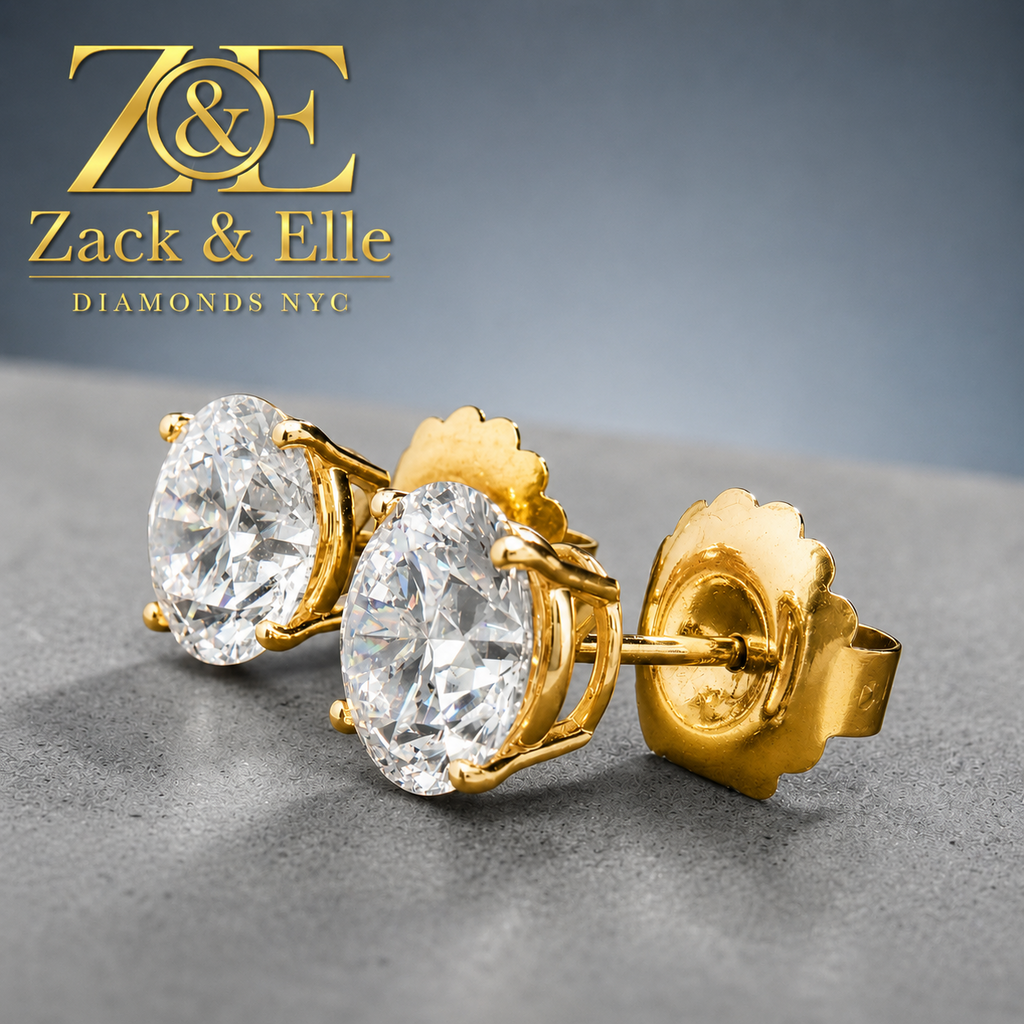 6.00 Ct D VS1 Round Lab Grown Diamond Basket Studs with Jumbo Backs, in yellow gold, front view