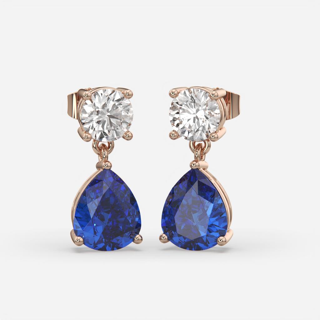 6.00 Ct Blue Sapphire and Lab-Grown Diamond Drop Earrings, in rose gold, front view