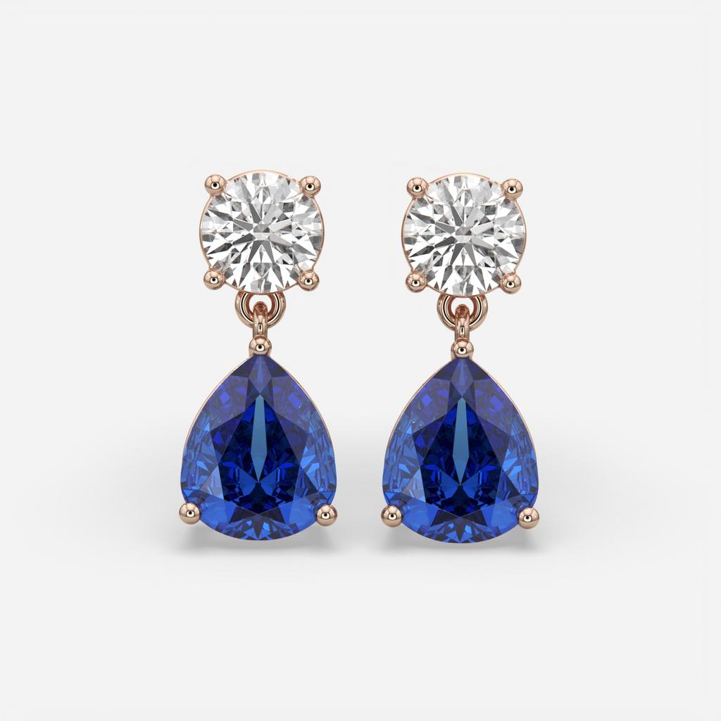 6.00 Ct Blue Sapphire and Lab-Grown Diamond Drop Earrings, in rose gold, front view