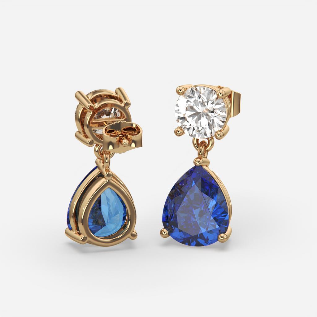 6.00 Ct Blue Sapphire and Lab-Grown Diamond Drop Earrings, in yellow gold, front view