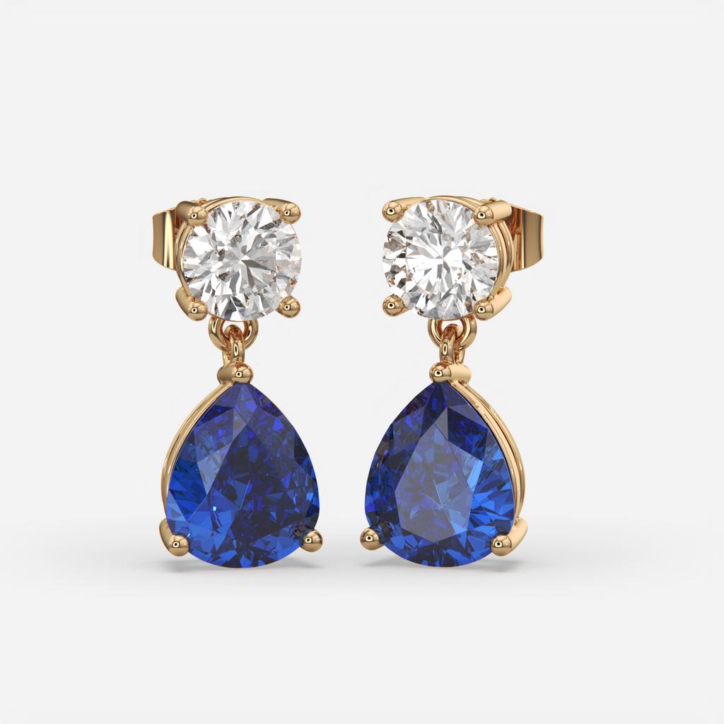 6.00 Ct Blue Sapphire and Lab-Grown Diamond Drop Earrings, in yellow gold, front view