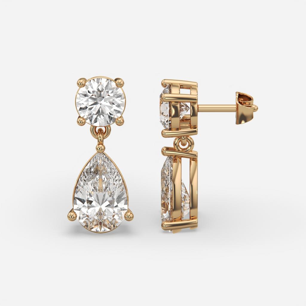 6.00 Ct D VS1 Round & Pear Lab-Grown Diamond Drop Earrings, in rose gold, front view