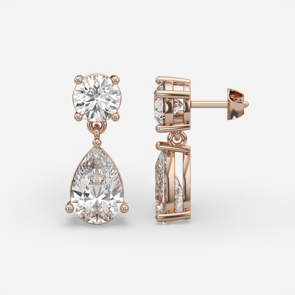 6.00 Ct D VS1 Round & Pear Lab-Grown Diamond Drop Earrings, in rose gold, front view