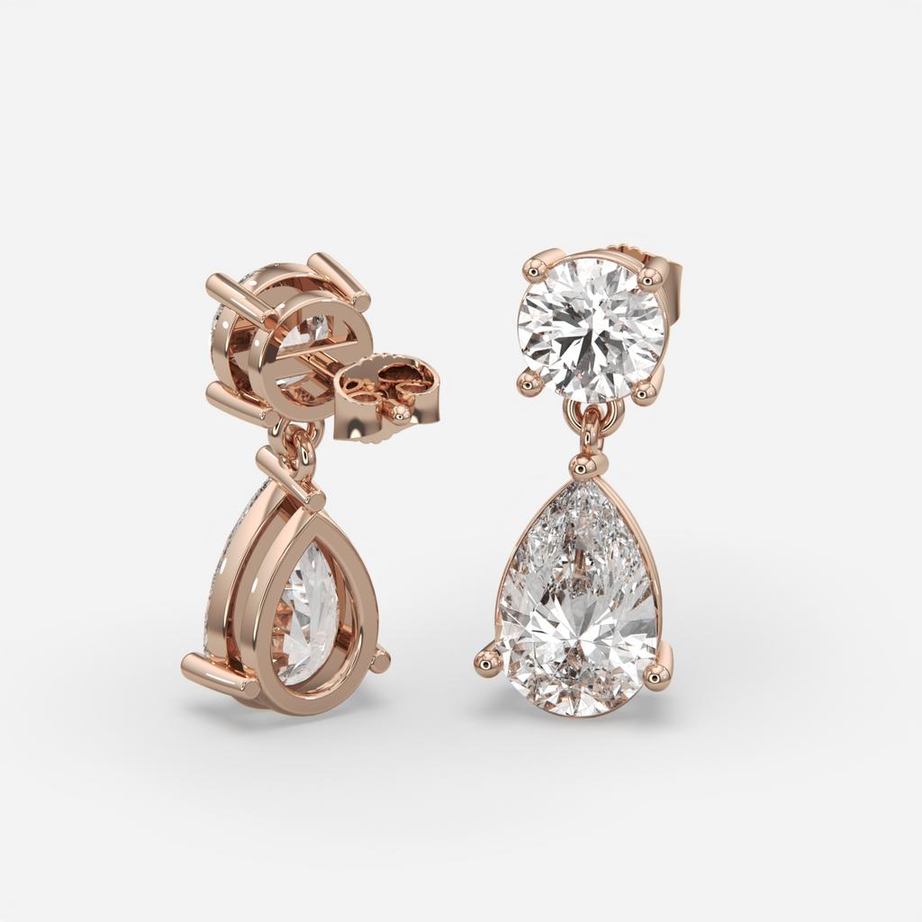6.00 Ct D VS1 Round & Pear Lab-Grown Diamond Drop Earrings, in rose gold, front view
