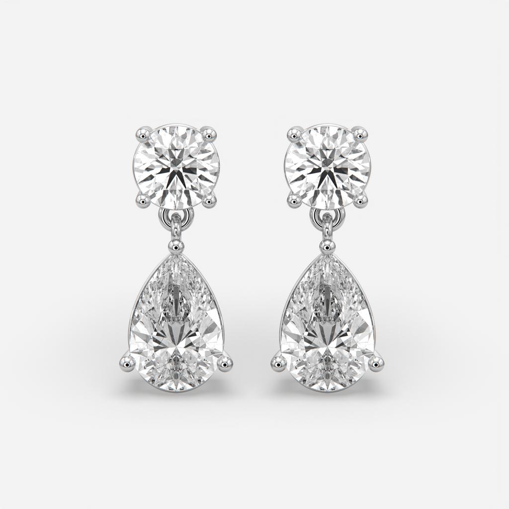 6.00 Ct D VS1 Round & Pear Lab-Grown Diamond Drop Earrings, in white gold, front view