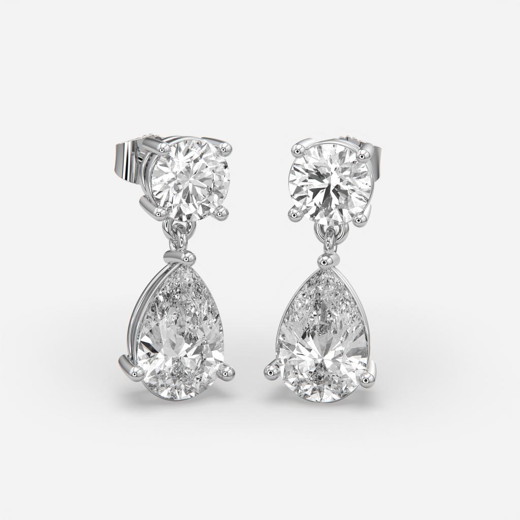 6.00 Ct D VS1 Round & Pear Lab-Grown Diamond Drop Earrings, in white gold, front view