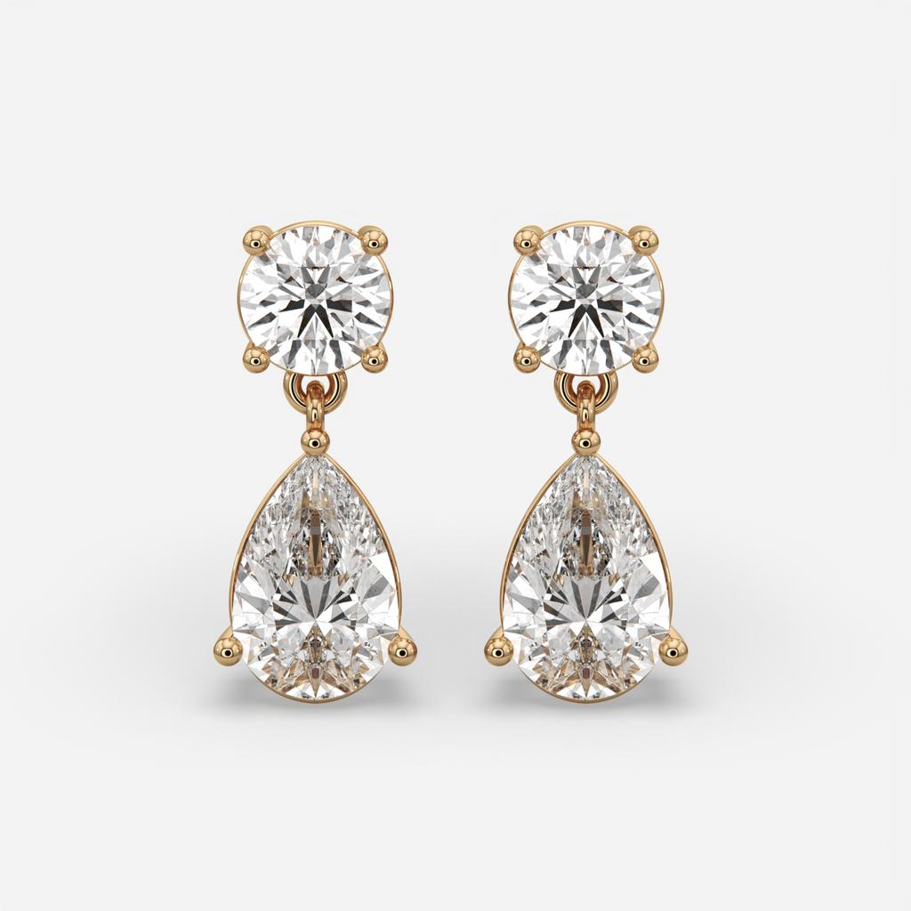 6.00 Ct D VS1 Round & Pear Lab-Grown Diamond Drop Earrings, in yellow gold, front view