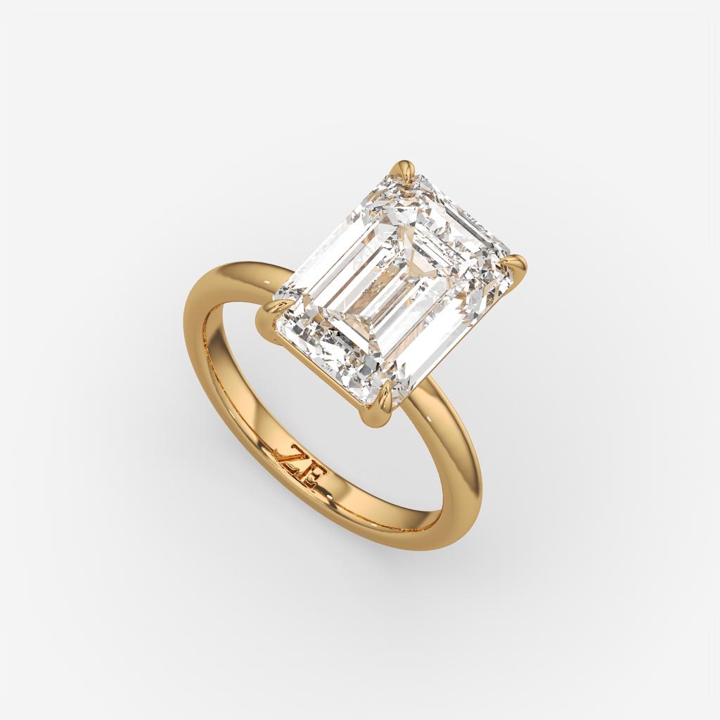 6.00 Ct F VS1 Emerald Cut Lab-Grown Diamond Solitaire Ring, in yellow gold, front view