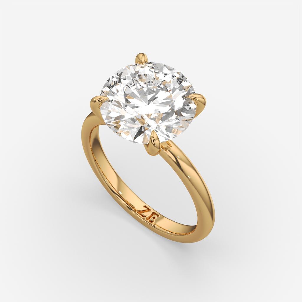 6.00 Ct F VS1 Round Brilliant Lab Grown Diamond Solitaire Ring, in yellow gold, front view