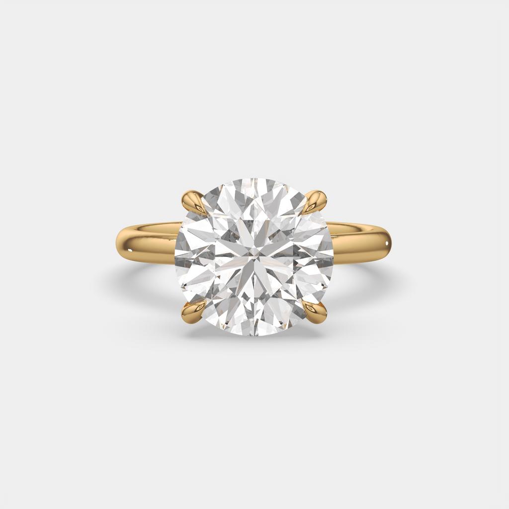 6.00 Ct F VS1 Round Brilliant Lab Grown Diamond Solitaire Ring, in yellow gold, top view