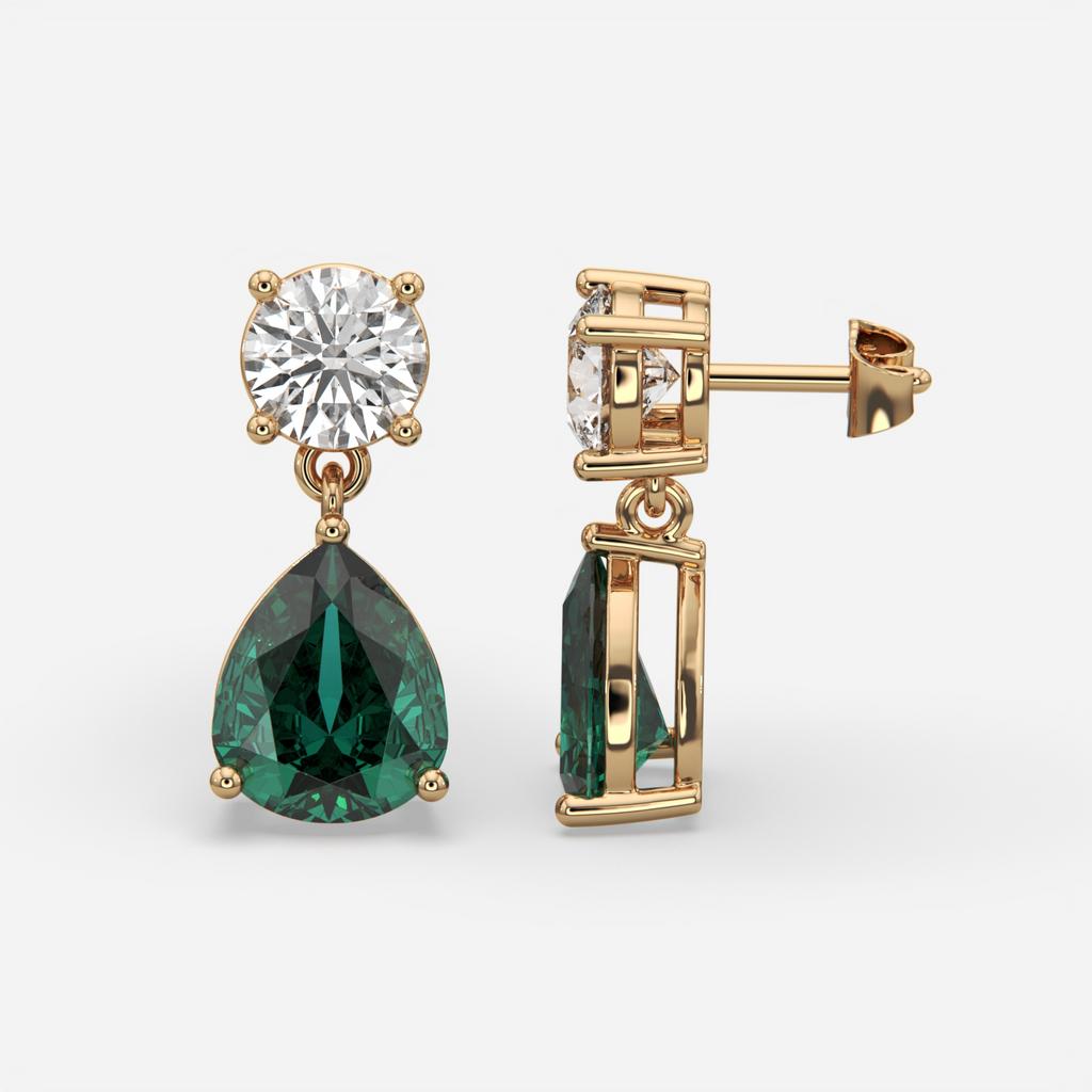 6.00 Ct Pear Emerald Lab-Grown Diamond Drop Earrings, in yellow gold, front view