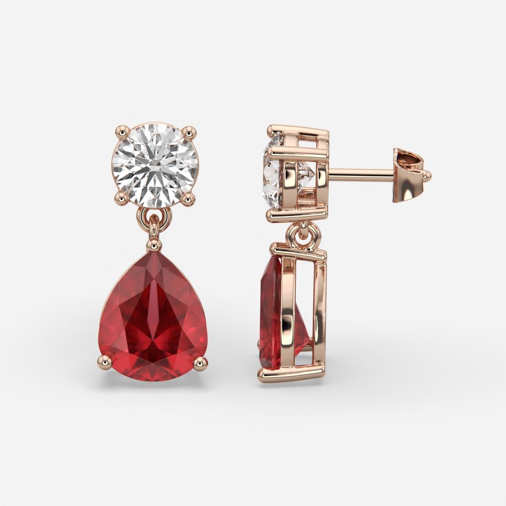 6.00 Ct Pear Ruby Lab-Grown Diamond Drop Earrings, in rose gold, front view