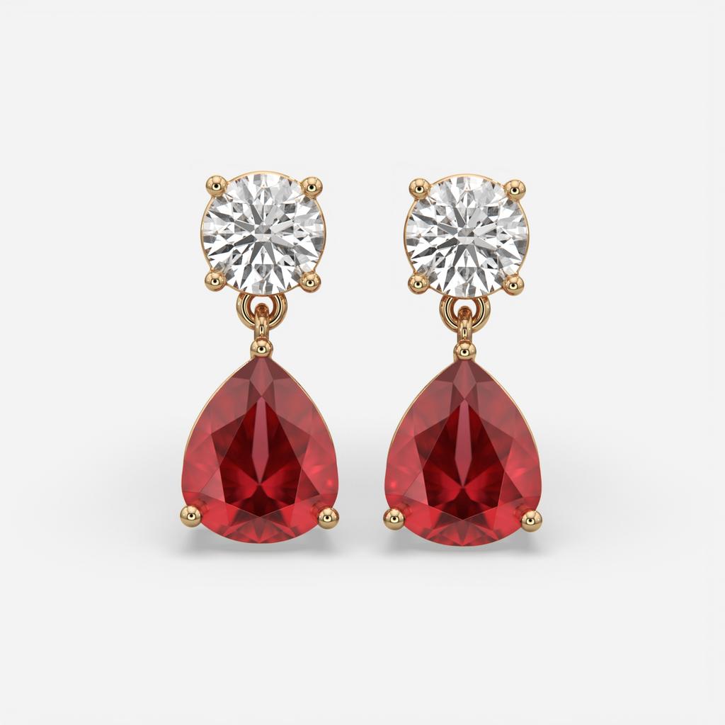 6.00 Ct Pear Ruby Lab-Grown Diamond Drop Earrings, in rose gold, front view