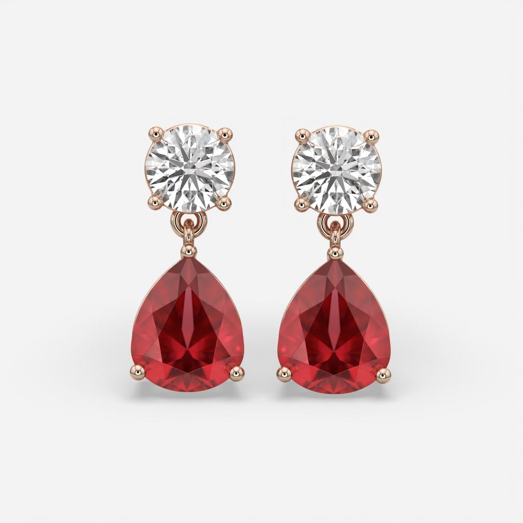 6.00 Ct Pear Ruby Lab-Grown Diamond Drop Earrings, in rose gold, front view