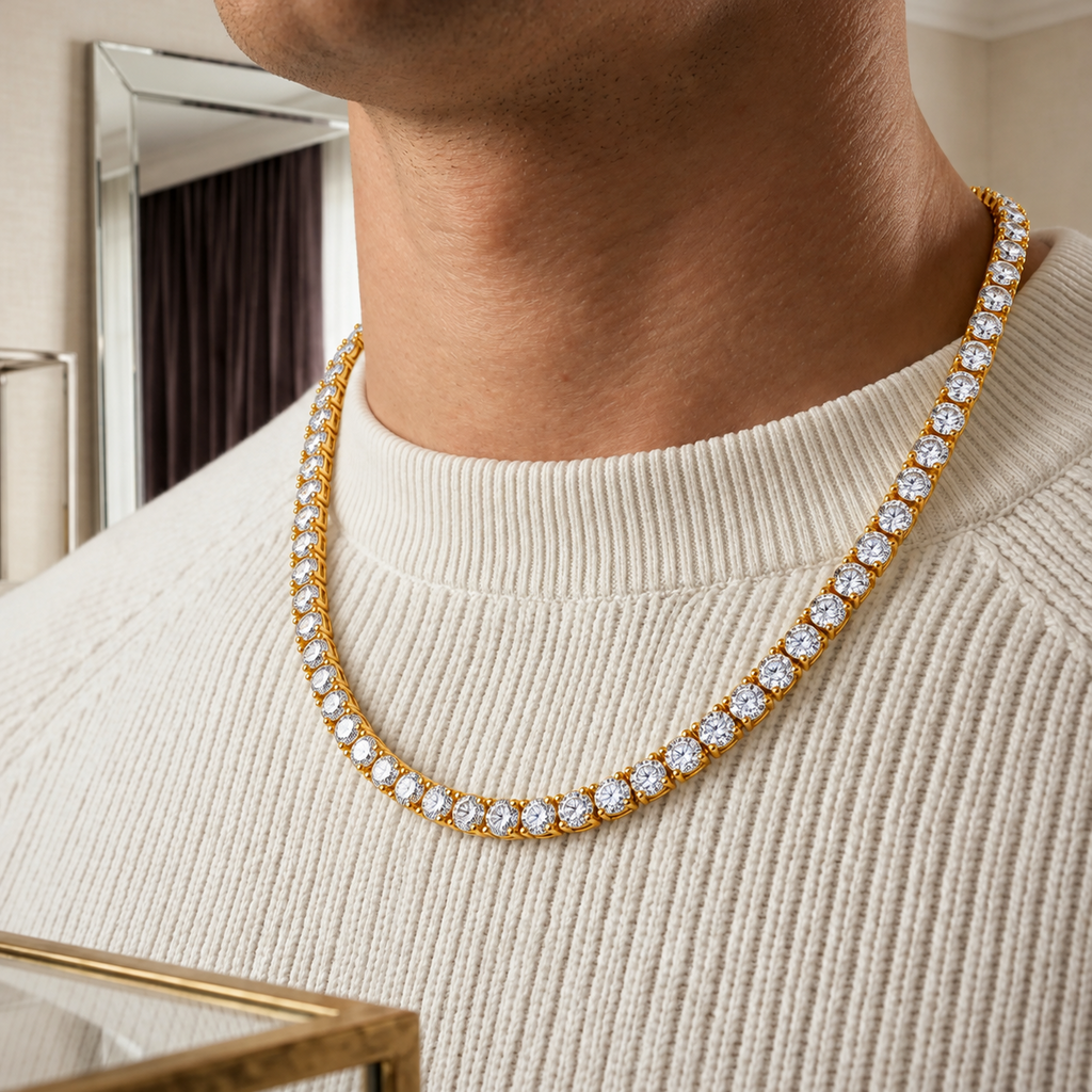 62.00 Ct D VS1 Round Lab-Grown Diamond Men's Tennis Necklace, in yellow gold, front view