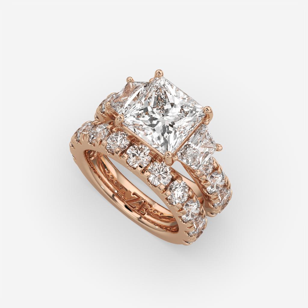 6.50 Ct E VS1 Princess Cut Lab-Grown Diamond Engagement Ring with Matching Band, in rose gold, front view