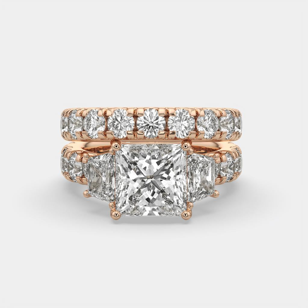 6.50 Ct E VS1 Princess Cut Lab-Grown Diamond Engagement Ring with Matching Band, in rose gold, front view
