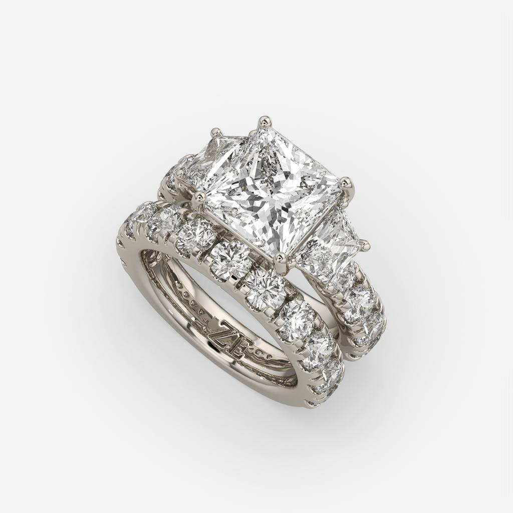 6.50 Ct E VS1 Princess Cut Lab-Grown Diamond Engagement Ring with Matching Band, in white gold, front view