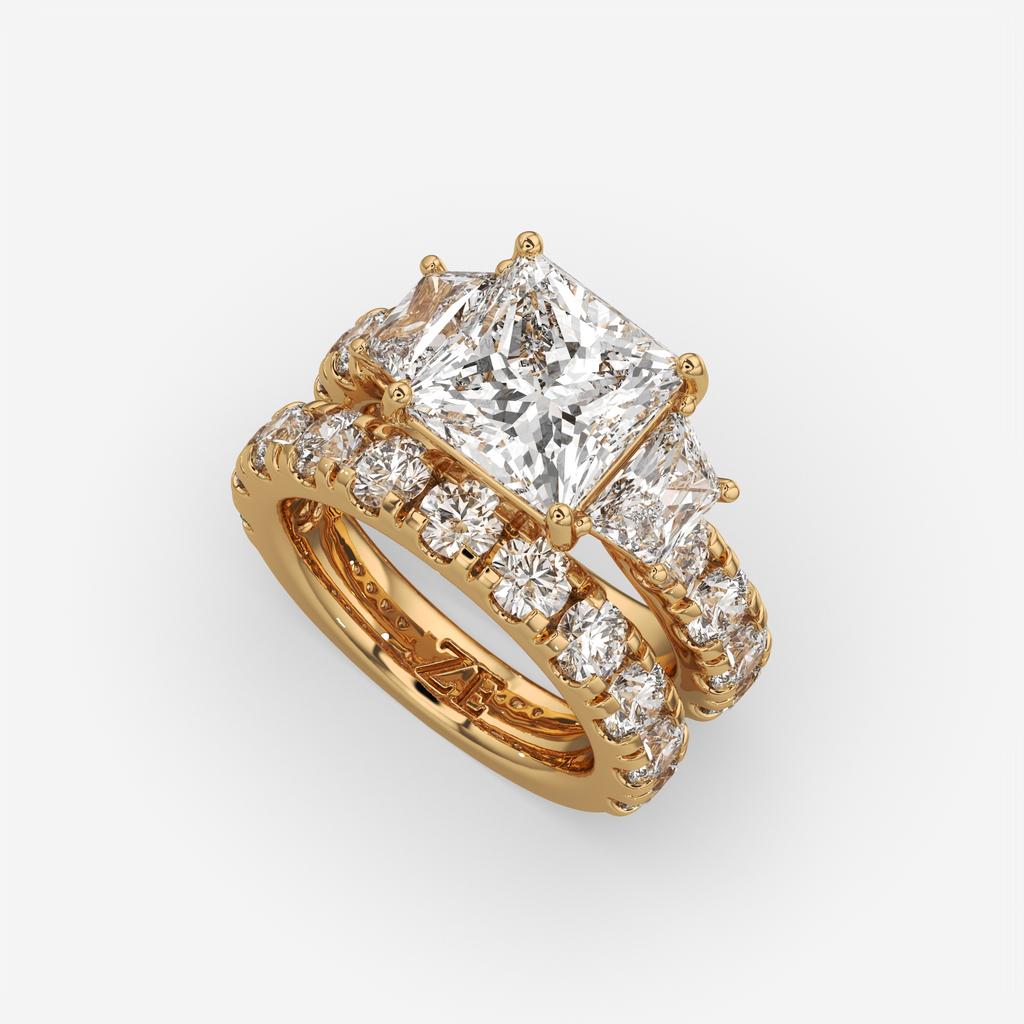6.50 Ct E VS1 Princess Cut Lab-Grown Diamond Engagement Ring with Matching Band, in yellow gold, front view
