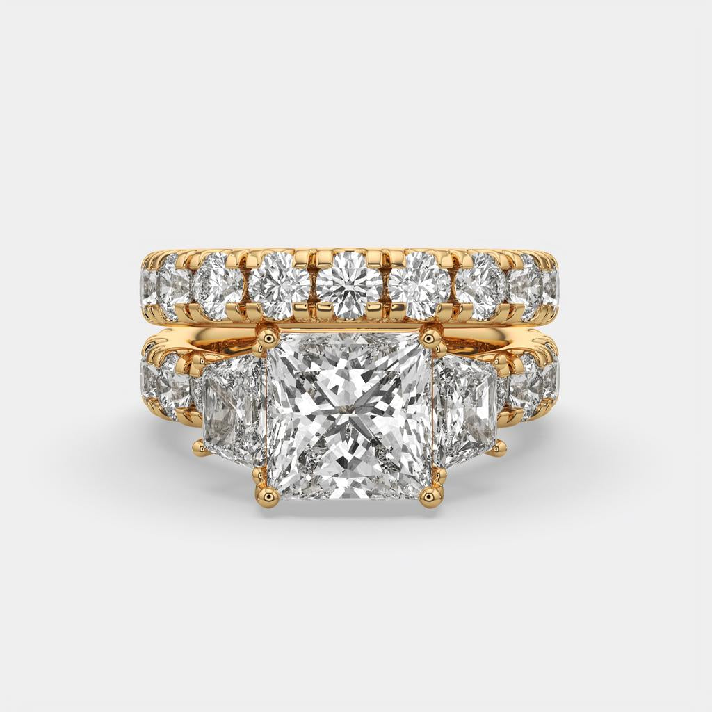 6.50 Ct E VS1 Princess Cut Lab-Grown Diamond Engagement Ring with Matching Band, in yellow gold, front view