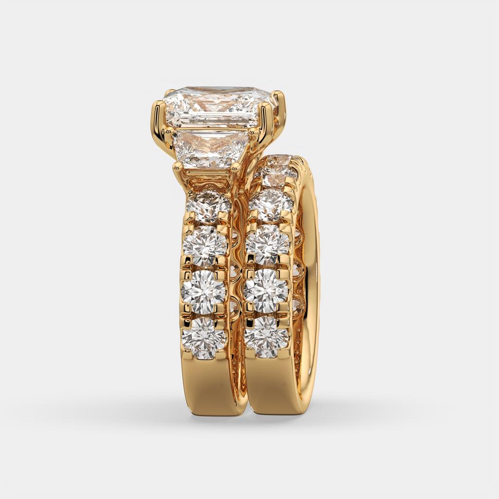 6.50 Ct E VS1 Princess Cut Lab-Grown Diamond Engagement Ring with Matching Band, in yellow gold, side profile