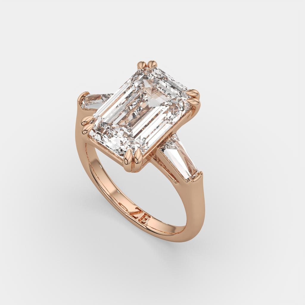 6.70 Ct F VS1 Emerald Cut Three Stone Diamond Ring With Tapered Baguettes, in rose gold, front view
