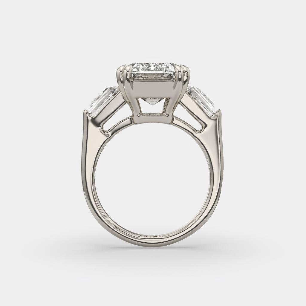 6.70 Ct F VS1 Emerald Cut Three Stone Diamond Ring With Tapered Baguettes, in white gold, front view