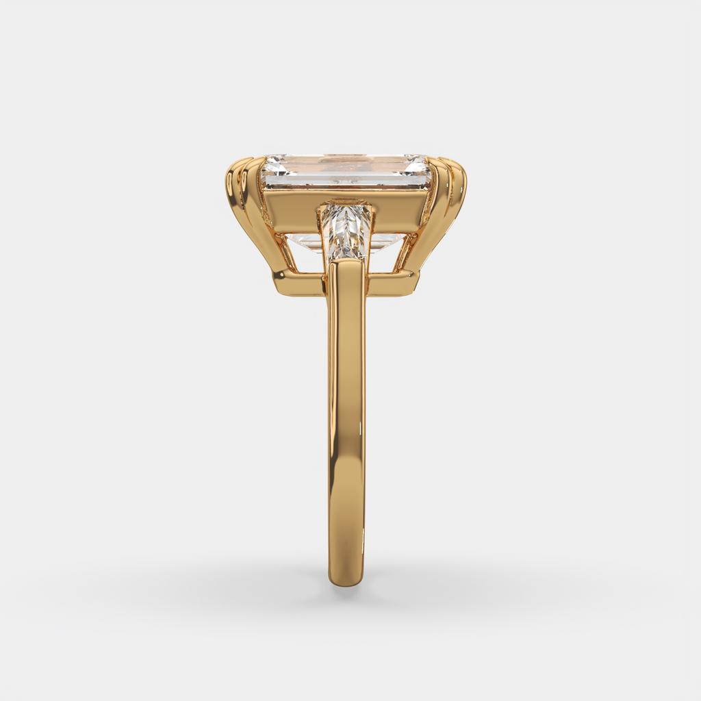 6.70 Ct F VS1 Emerald Cut Three Stone Diamond Ring With Tapered Baguettes, in yellow gold, front view