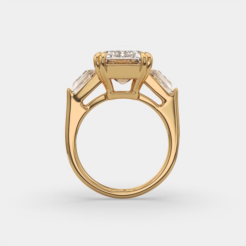 6.70 Ct F VS1 Emerald Cut Three Stone Diamond Ring With Tapered Baguettes, in yellow gold, front view