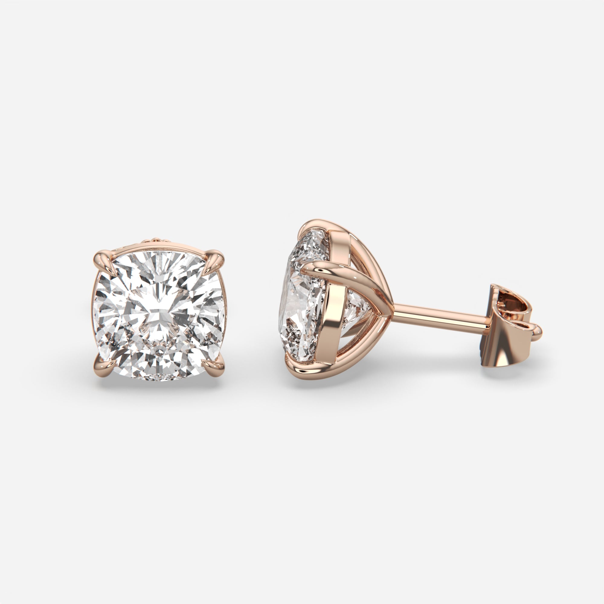 6.00 Ct Cushion Cut Eagle Claw Diamond Studs, eagle claw setting, in 14k rose gold, pair, front view (3)