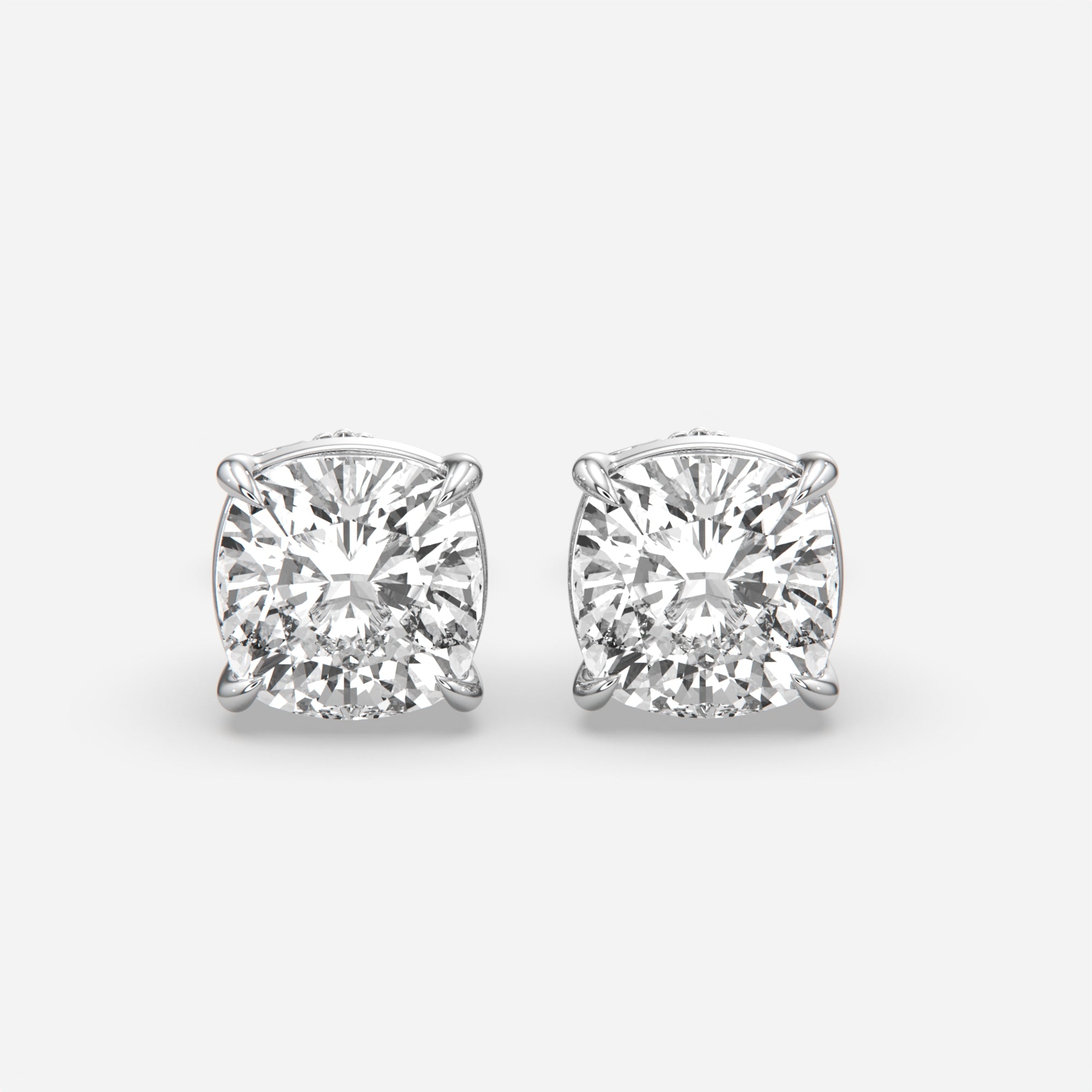 6.00 Ct Cushion Cut Eagle Claw Diamond Studs, eagle claw setting, in 14k white gold, pair, front view (3)