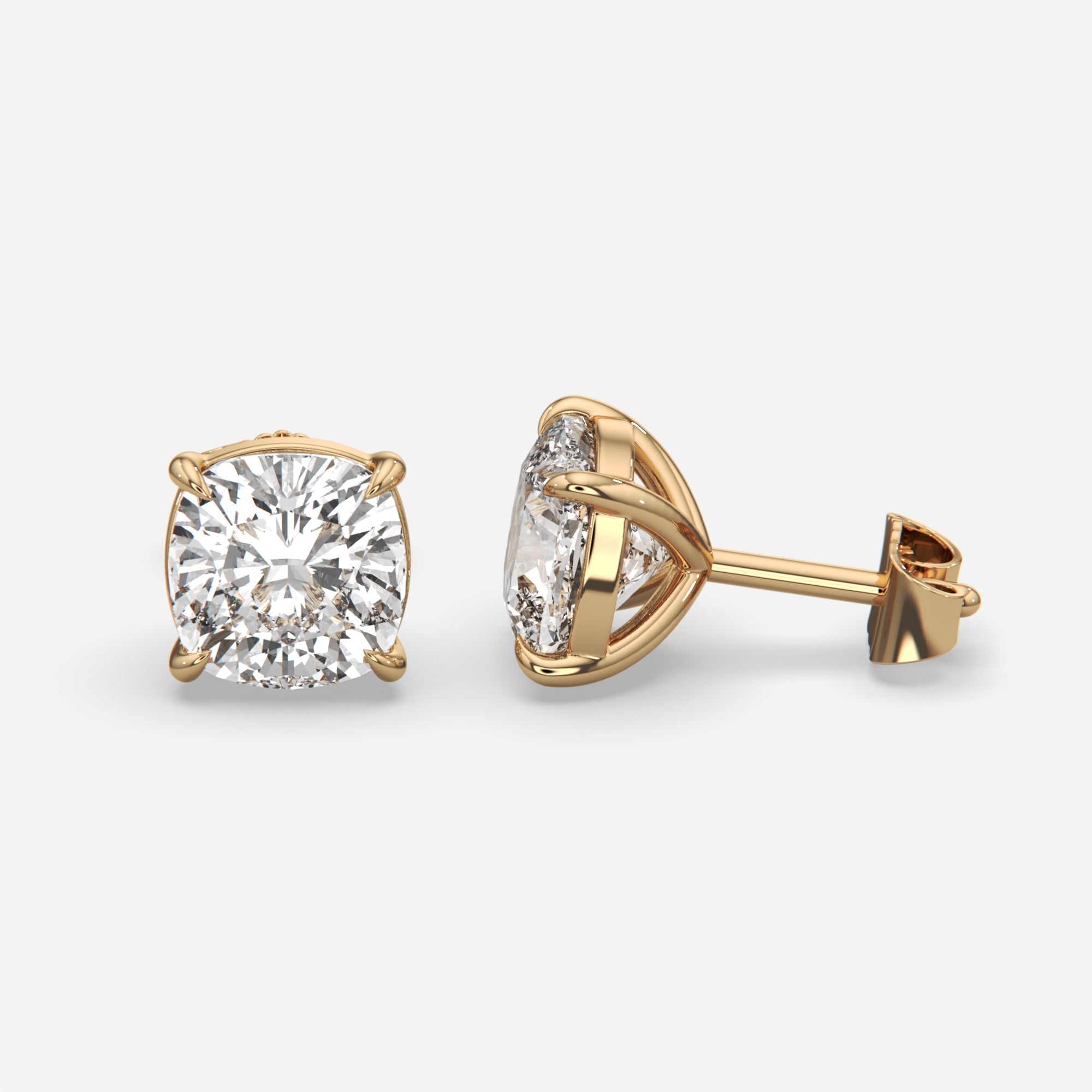 6.00 Ct Cushion Cut Eagle Claw Diamond Studs, eagle claw setting, in 14k yellow gold, pair, front view (3)