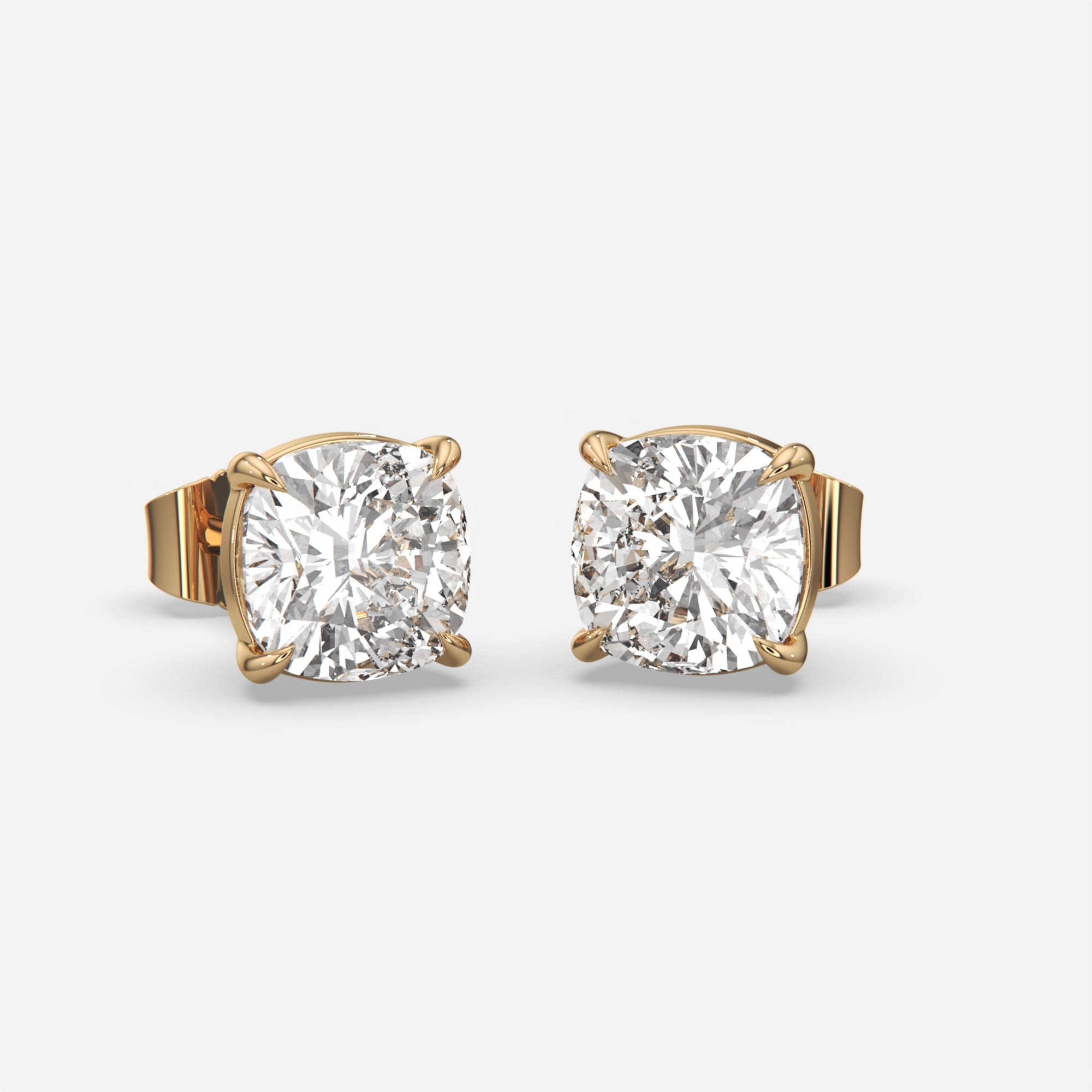 6.00 Ct Cushion Cut Eagle Claw Diamond Studs, eagle claw setting, in 14k yellow gold, pair, front view (2)