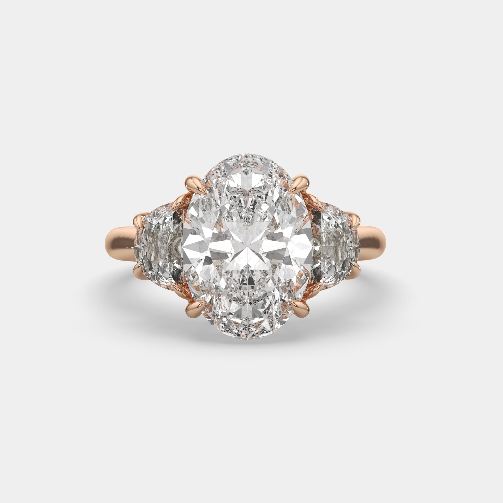 6.00 Ct F VS1 Oval Diamond Engagement Ring with Half Moon Accents, in 14k rose gold, front view