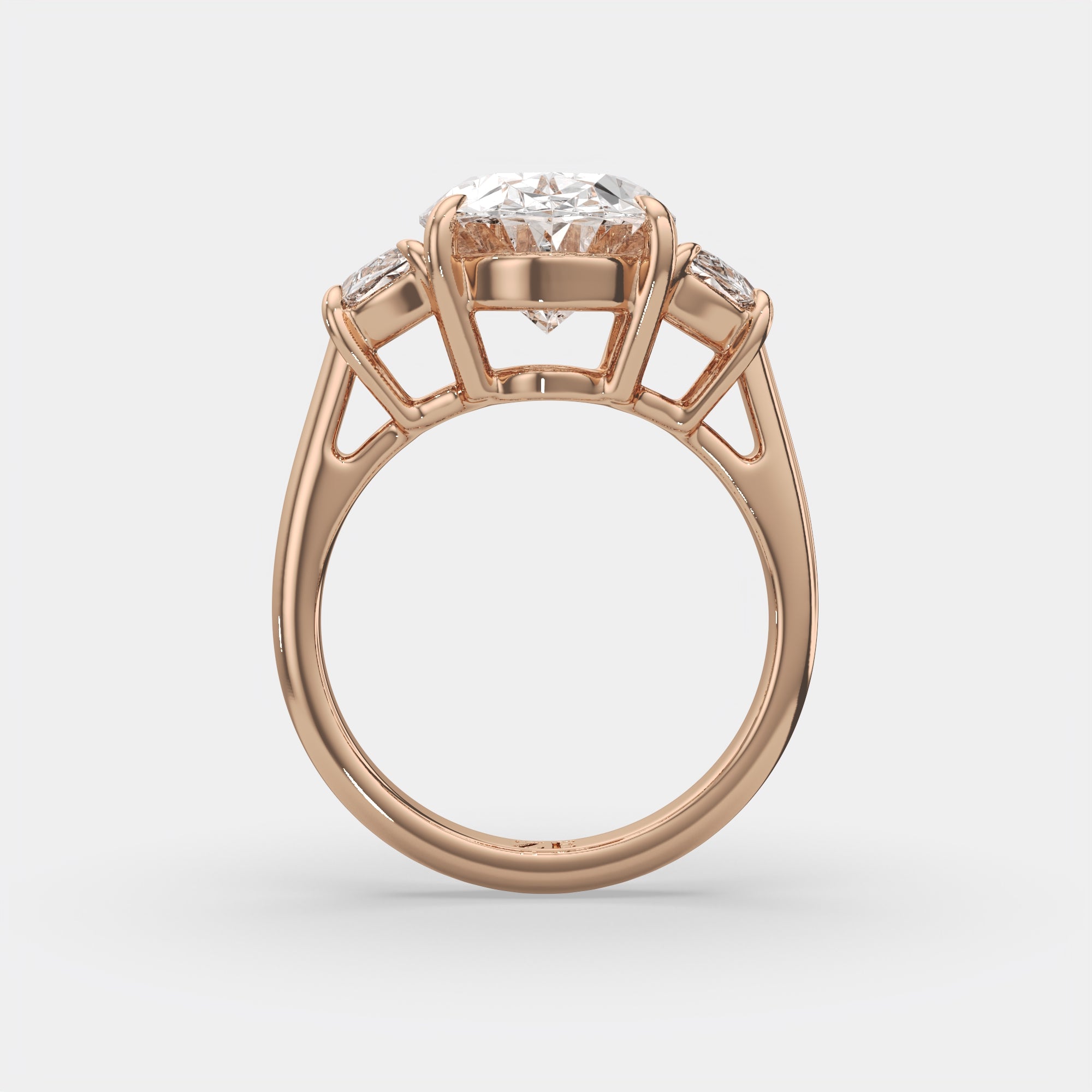6.00 Ct F VS1 Oval Diamond Engagement Ring with Half Moon Accents, in 14k rose gold, side profile
