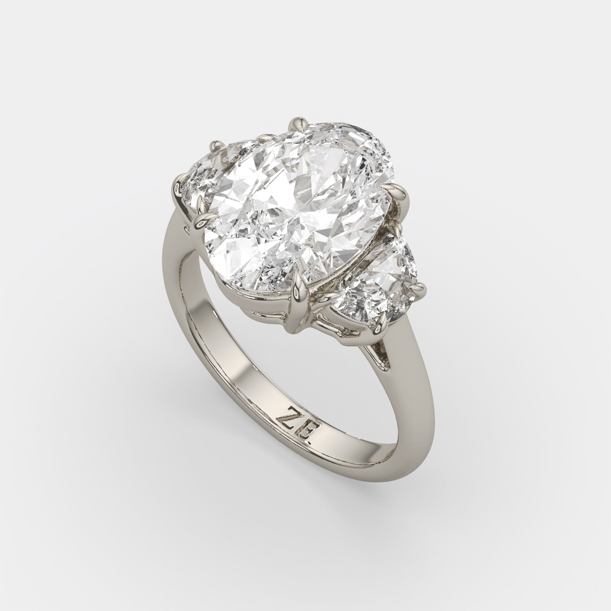 6.00 Ct F VS1 Oval Diamond Engagement Ring with Half Moon Accents, in 14k white gold, three-quarter angle