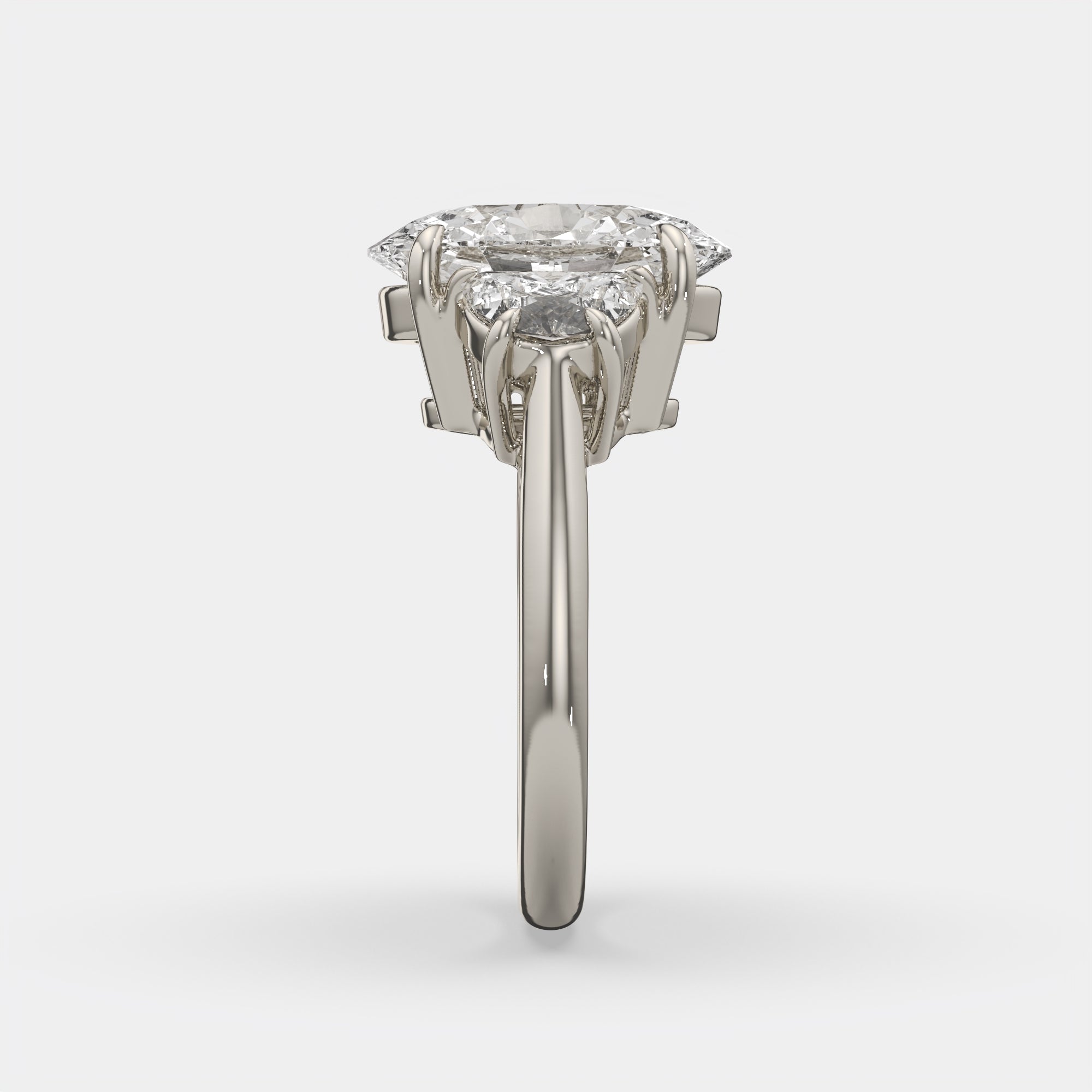 6.00 Ct F VS1 Oval Diamond Engagement Ring with Half Moon Accents, in 14k white gold, band detail