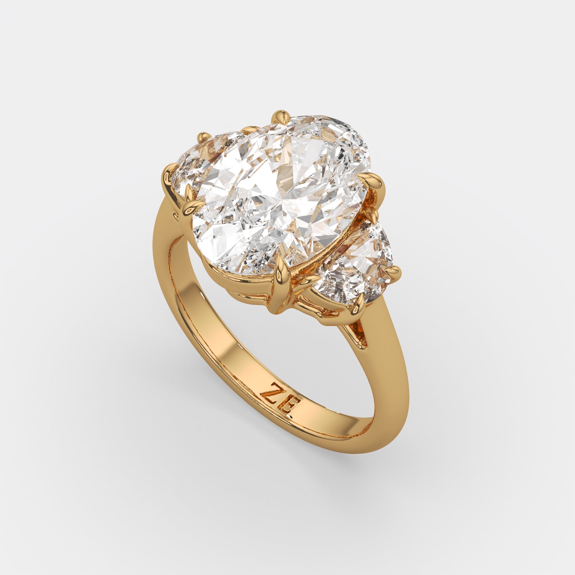 6.00 Ct F VS1 Oval Diamond Engagement Ring with Half Moon Accents, in 14k yellow gold, three-quarter angle