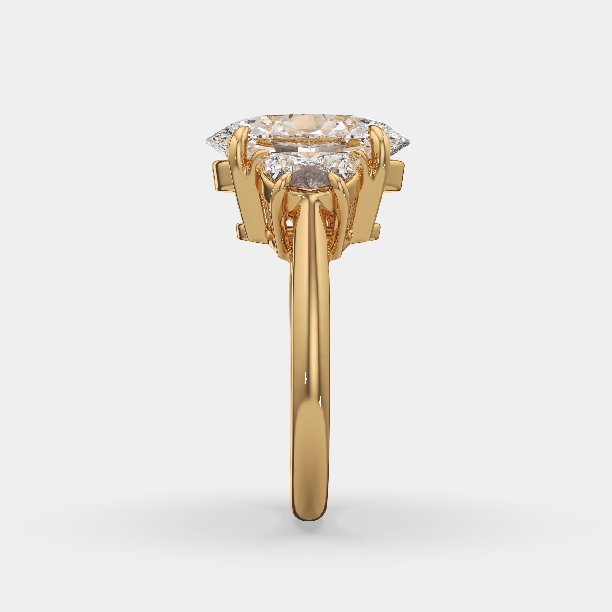 6.00 Ct F VS1 Oval Diamond Engagement Ring with Half Moon Accents, in 14k yellow gold, band detail