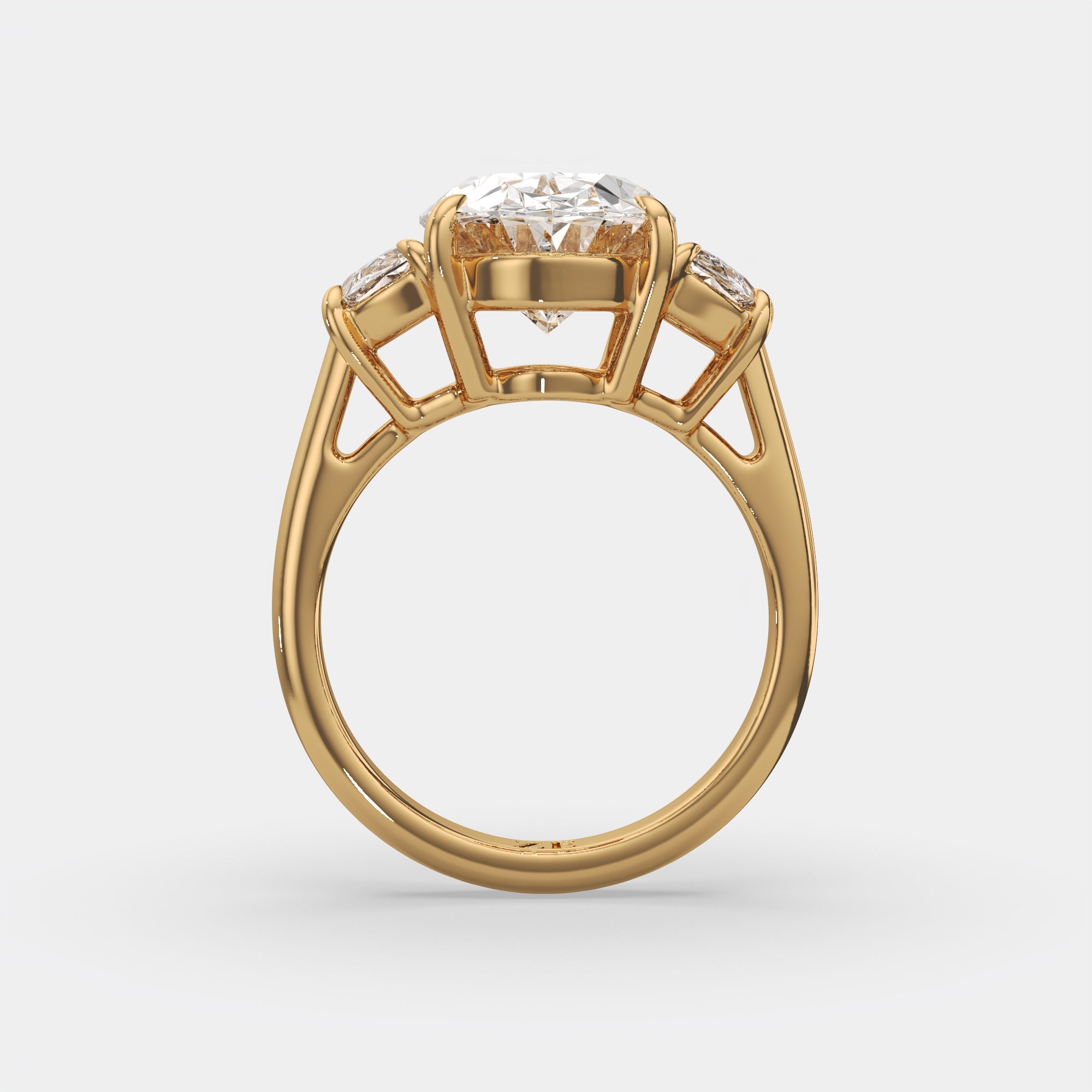 6.00 Ct F VS1 Oval Diamond Engagement Ring with Half Moon Accents, in 14k yellow gold, side profile