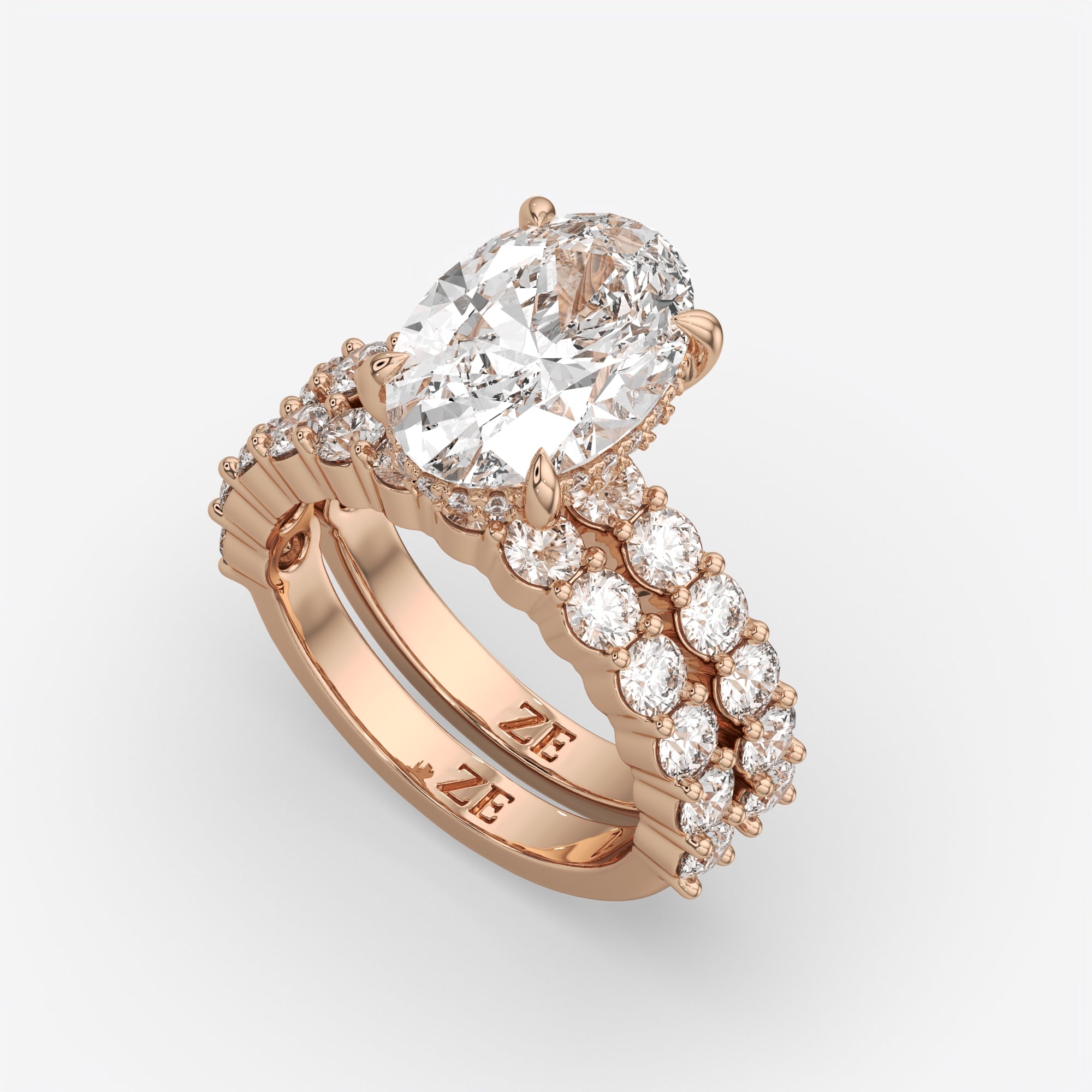 6.00 Ct E VS1 Oval Diamond Halo with Matching Band, in 14k rose gold, engagement ring with matching band, three-quarter angle