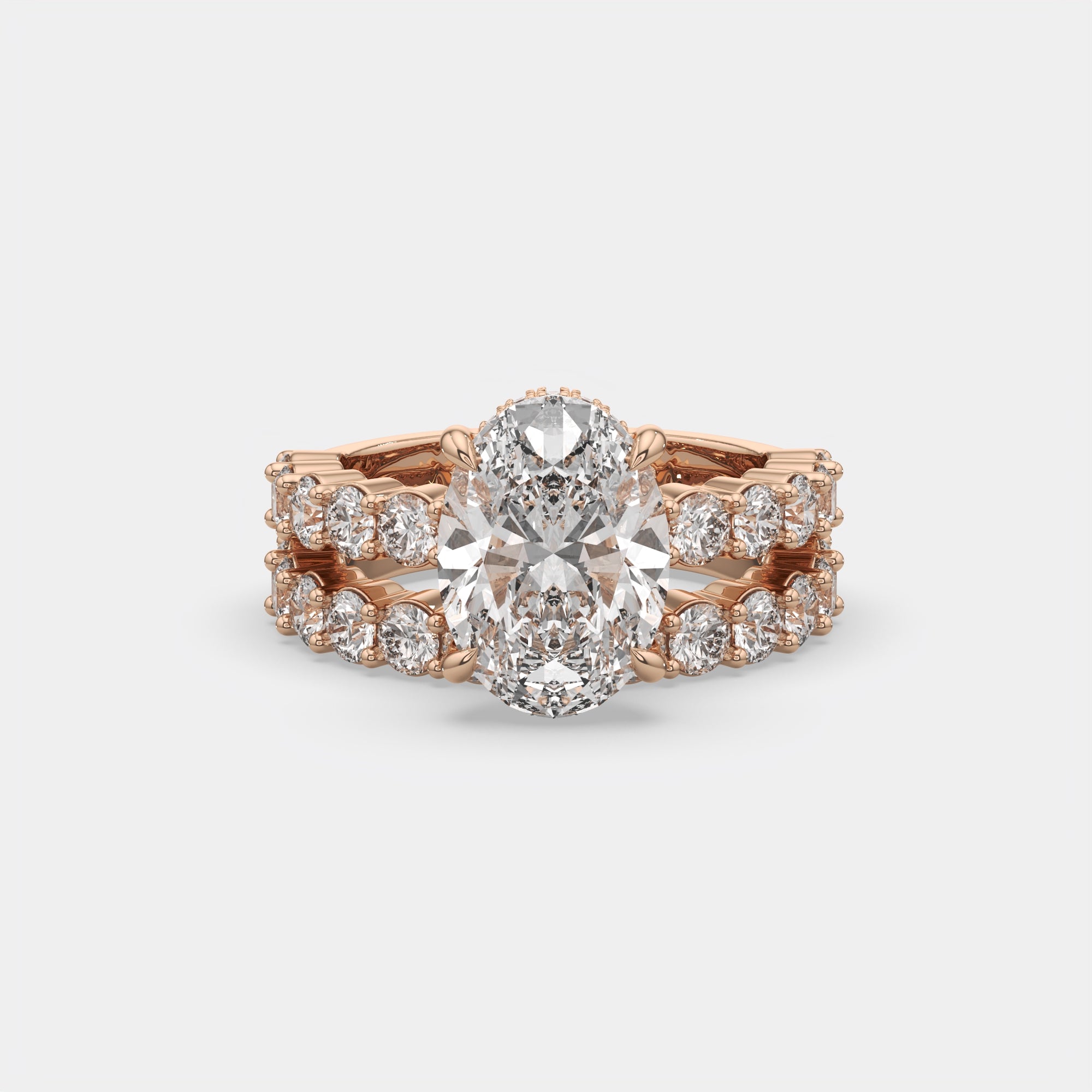 6.00 Ct E VS1 Oval Diamond Halo with Matching Band, in 14k rose gold, engagement ring with matching band, front view