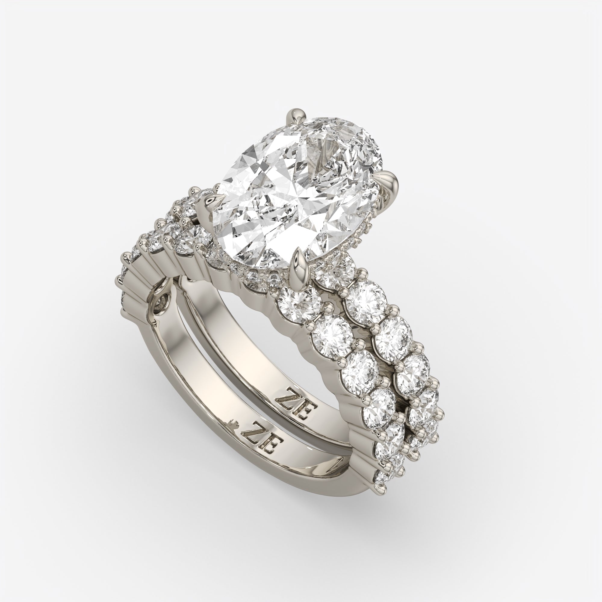 6.00 Ct E VS1 Oval Diamond Halo with Matching Band, in 14k white gold, engagement ring with matching band, three-quarter angle